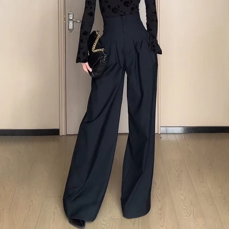 2024 Black Design Wide-Leg Pants Women's Slimming Suit Pant Magic High Waist Loose Straight Drooping Mopping Casual Trousers 1603