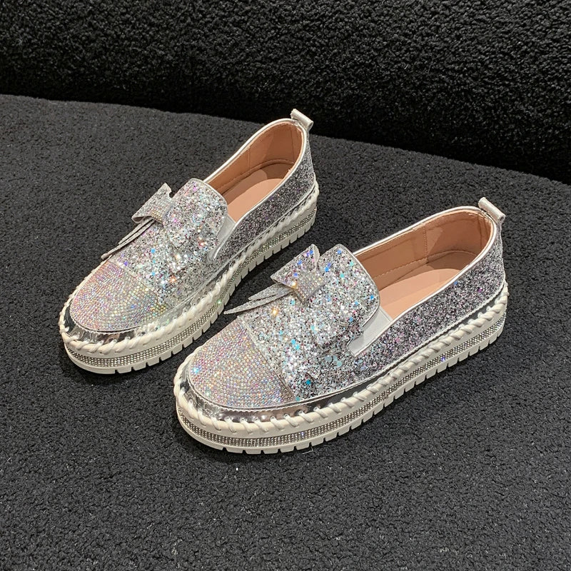 Fashion Women Shoes Shining Rhinestone Loafer Bowknot Slip-on Thick Botton Casual Ladies Crystal Female Platform Sneakers Sports