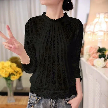 Summer Casual White Lace Clothing Fashion Long Sleeve New Tops Shirts for Women Elegant Black O-neck Ladies Blouse Blusas 51C 513 BLACK