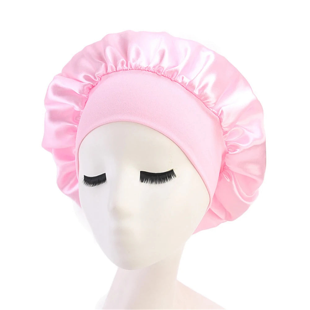 Newly Women's Satin Solid Sleeping Hat Night Hair Care Bonnet Nightcap For Women Men Unisex Cap Pink