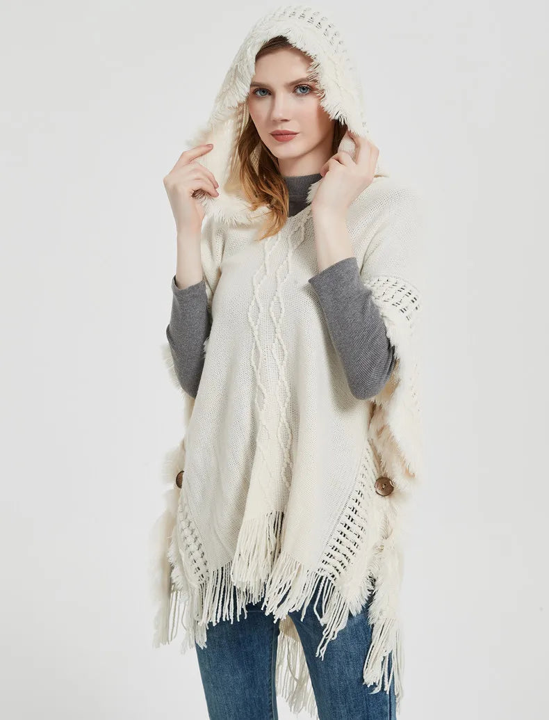 2023 Women's Hooded Shawl Warm Spring and Autumn Large Size Knit Sweater Button Hooded Cape Shawl