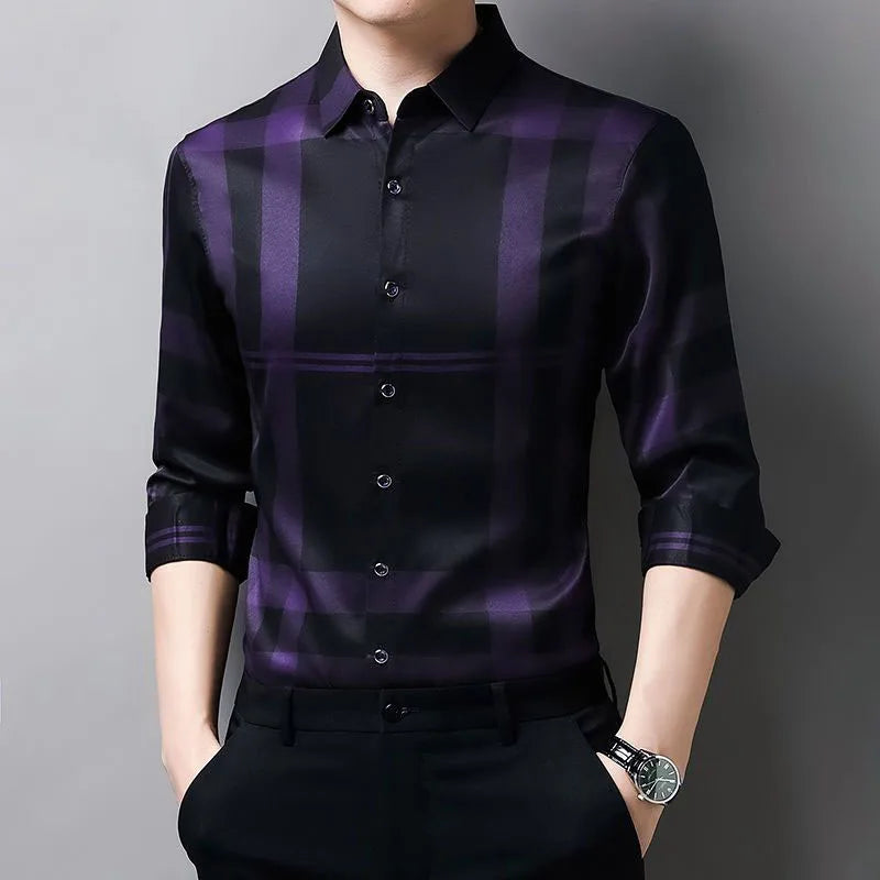 Fashion Men Casual Plaid Shirts Spring Autumn Streetwear Loose Long Sleeve Lapel Male Clothing Basic Business Bottoming Blouse 98 Purple