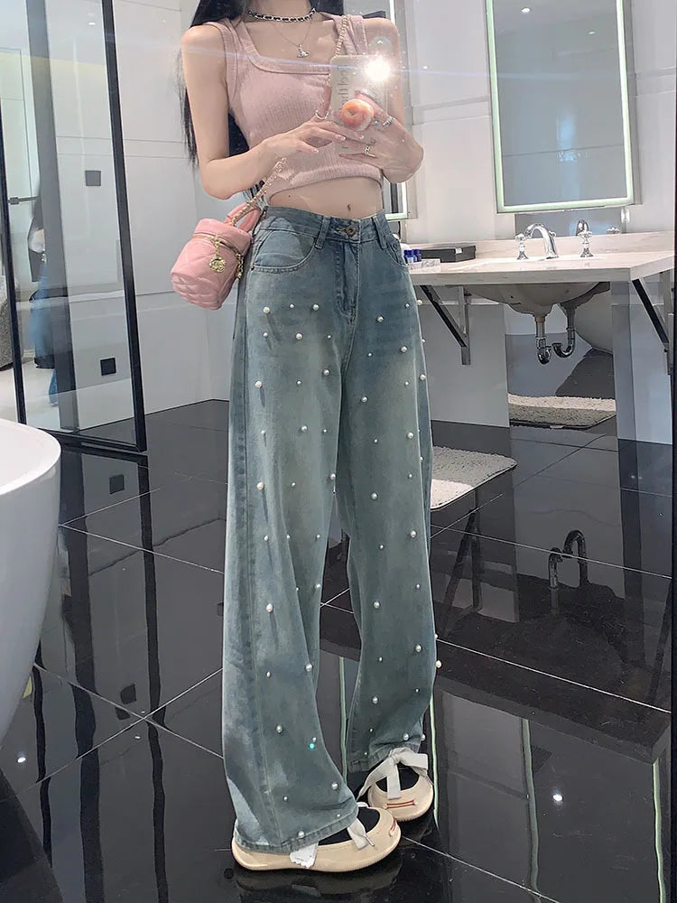 2023 Spring and Summer New Design Sense Pearl Slimming Loose Casual Baggy Jeans Straight-Leg Pants Women's Long Trousers Fashion