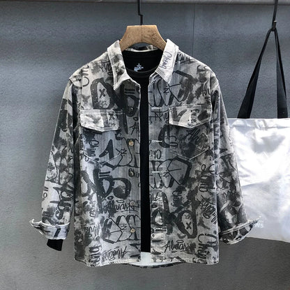 Men's Denim Jacket Long Shirt Wide Shoulders Fashion Male Jean Coats Sleeves Korean Popular Clothes Lxury Print Vintage Cowboy