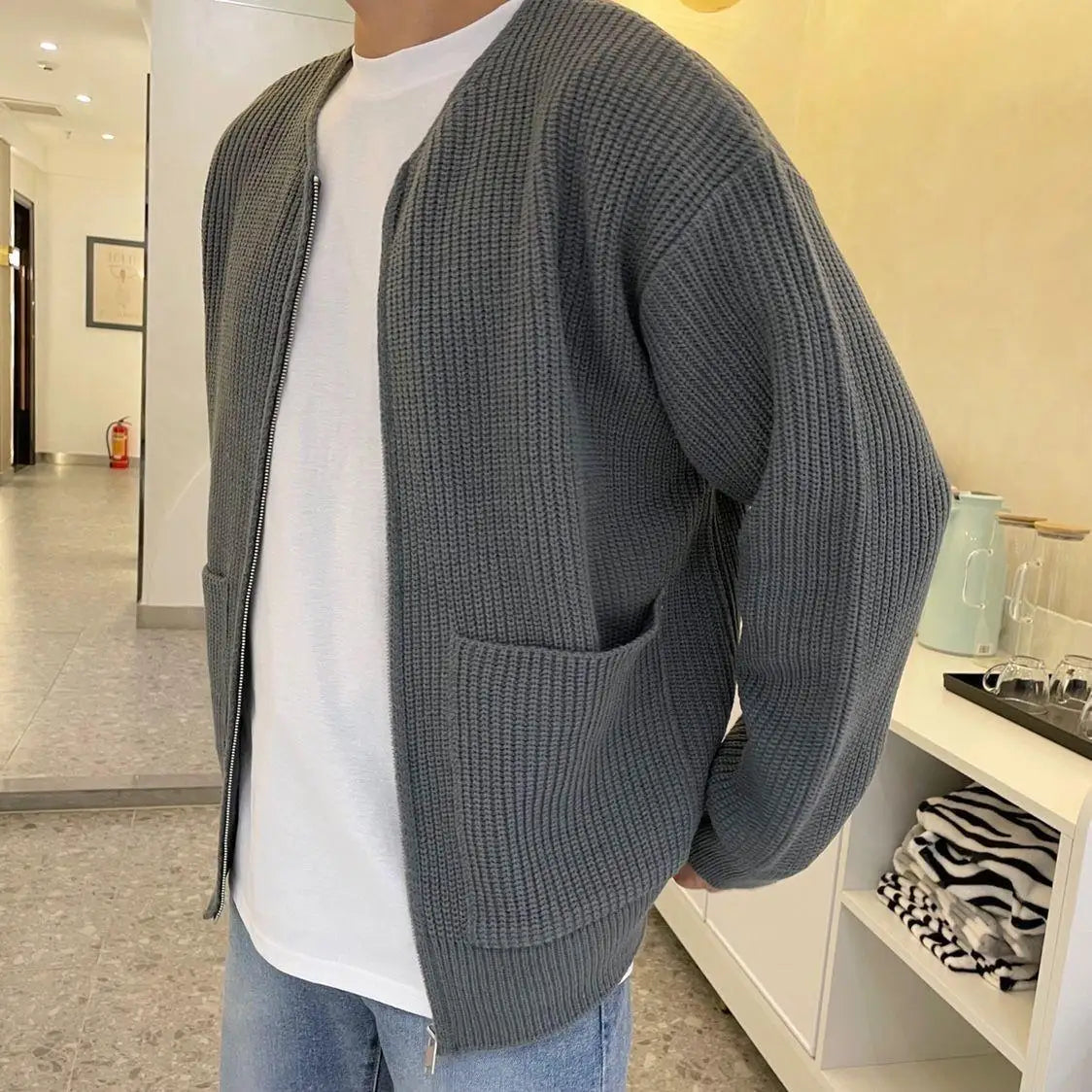 Men's Solid Color Slim-Fit Cardigan Zipper Sweater Autumn and Winter Sweater Coat Top Men Long Sleeve Stand Collar Sweater Coat