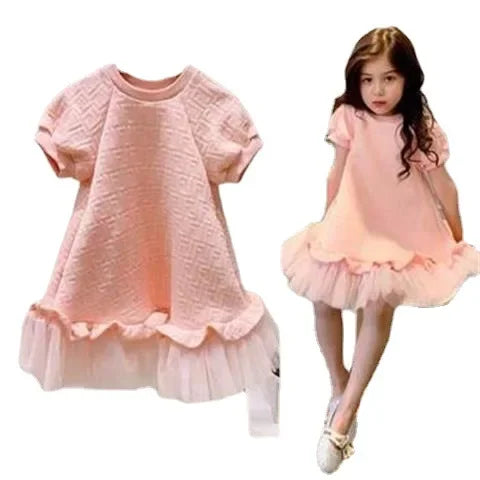 Children's Dress Spring Summer New Girls' Pink Gauze Short Sleeve Princess Dress Girls Clothes Ropa De Niña