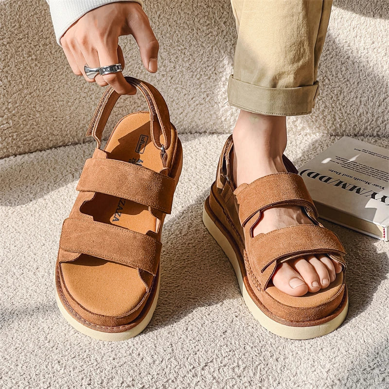 Hight Quality Summers New Street Style Genuine Leather Sandals For Men's Women Daily Outdoor Beach Dress Height Increasing Shoes