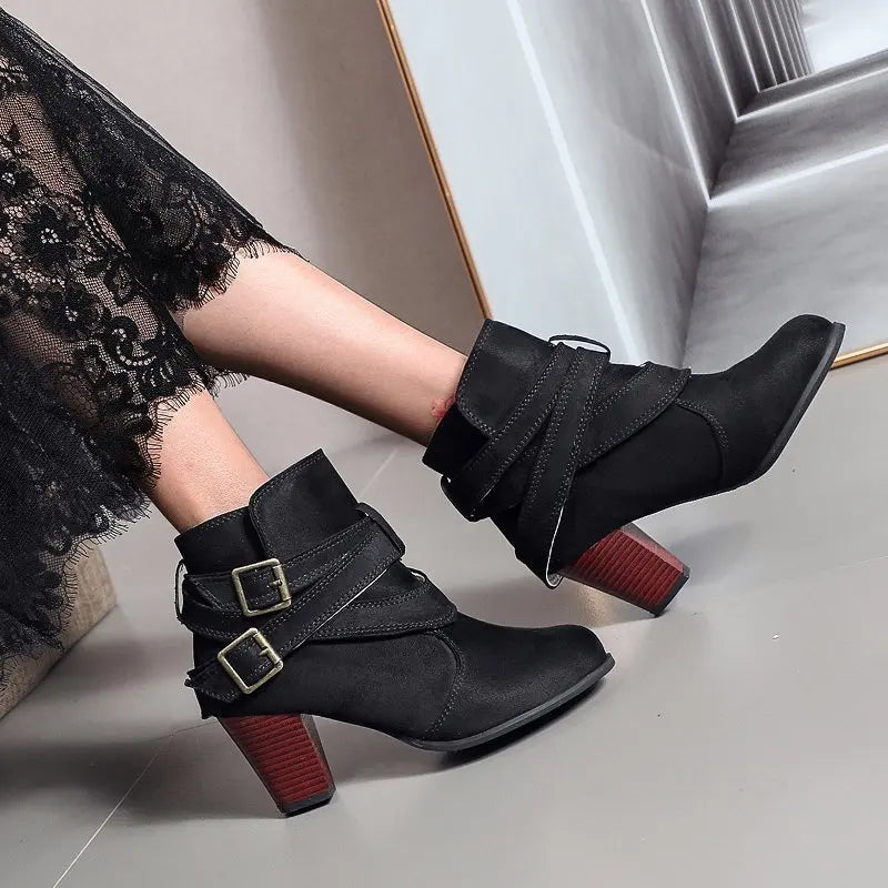 Maogu Buckle Casual Ladies Shoes Female Chelsea Short Boot Chunky Heel Autumn Footwear 2024 Vintage Women High Heels Ankle Boots