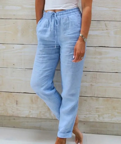 Women's High Waist Solid Color Cotton Linen Casual Pants Fashion Summer Female Holiday Casual Long Pant New 2024 Sky blue