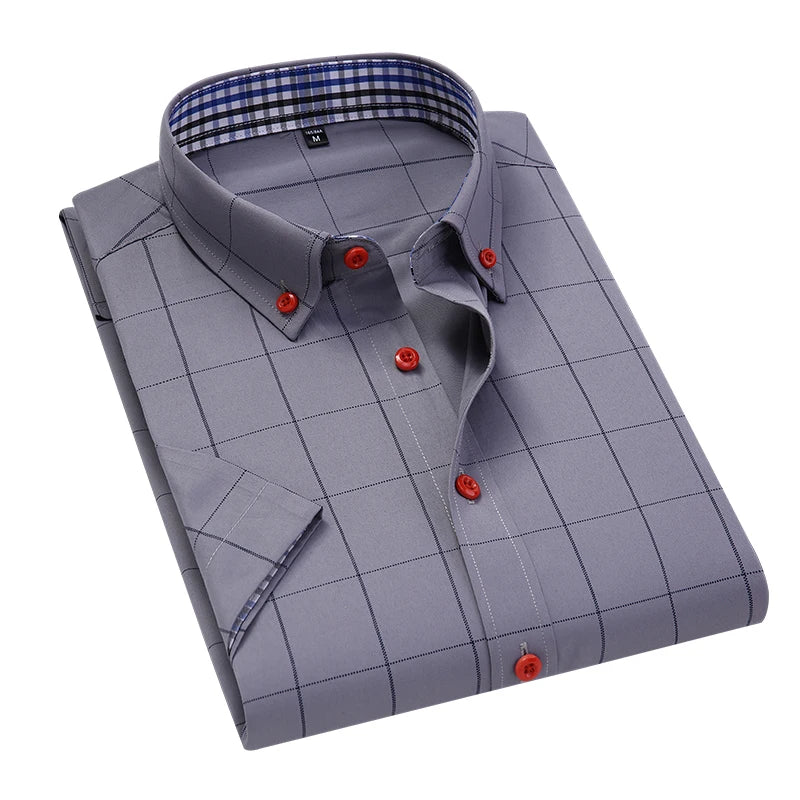 TFETTERS Summer Men Shirts Short Sleeve Plaid Shirt Slim Casual Button Up Dress Shirts Men Big Size M-5XL Anti-wrinkle Soft GRAY