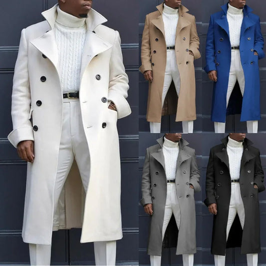 Fashion White Long Jackets Trench Wool Blends Men's Overcoat Long Trench Coat Double Breasted Coats Streetwear Party Loose Jacket