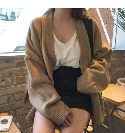 2024 Autumn Women's Sweater Fashion V-neck Vintage Knitted Cardigan Korean Loose Solid Sweaters Female