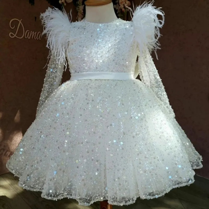 Fashion Baby Girl Princess Sequins Tutu Dress Feather Long Sleeve Child Vestido Wedding Party Birthday Xmas Baby Clothes 1-14Y