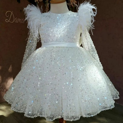 Fashion Baby Girl Princess Sequins Tutu Dress Feather Long Sleeve Child Vestido Wedding Party Birthday Xmas Baby Clothes 1-14Y