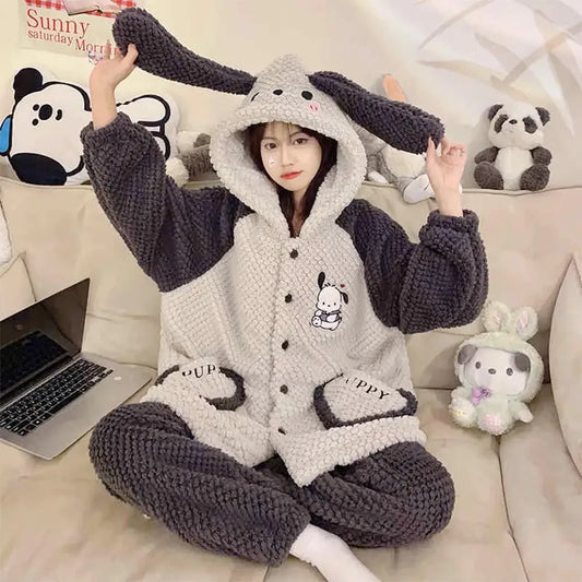 Cartoon Pochacco Kawaii Women Plush Warm Pajamas Set Sanrio Anime Cinnamoroll Coral Fleece Thicken Homewear Girls Cute Nightgown