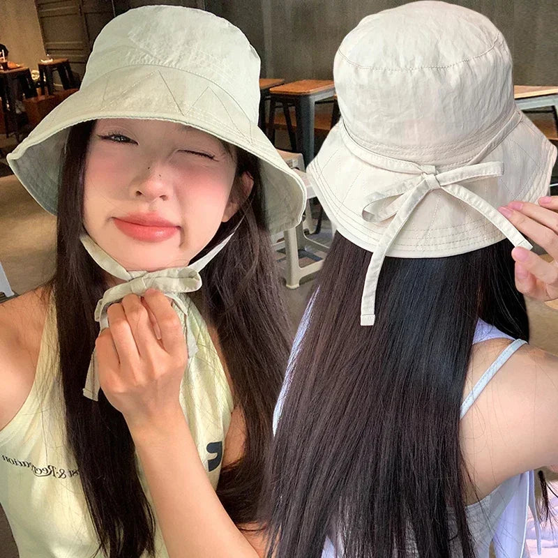 Korean Ins Lace-up Fisherman Hat Women Ins Blogger Lightweight Windbreak Windproof Rope Sunshade Basin Hat Sun Bucket Hat