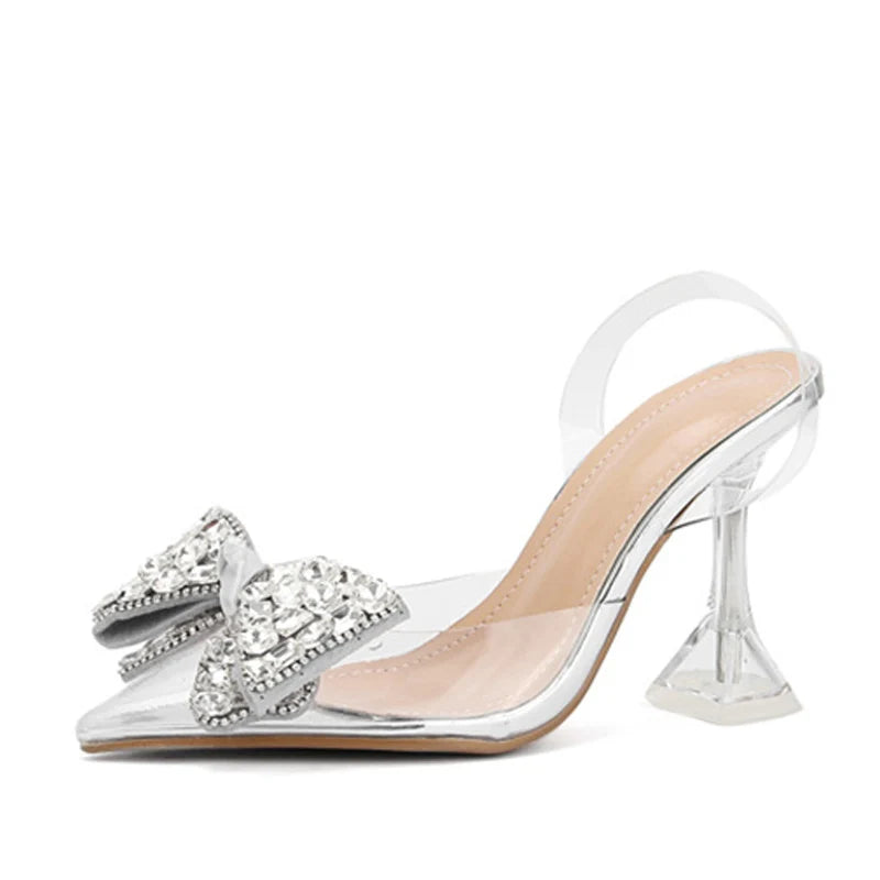 Liyke PVC Transparent Women Pumps Sexy Crystal Bowknot Pointed Toe  Slingback High Heels Mules Sandal Female Wedding Prom Shoes