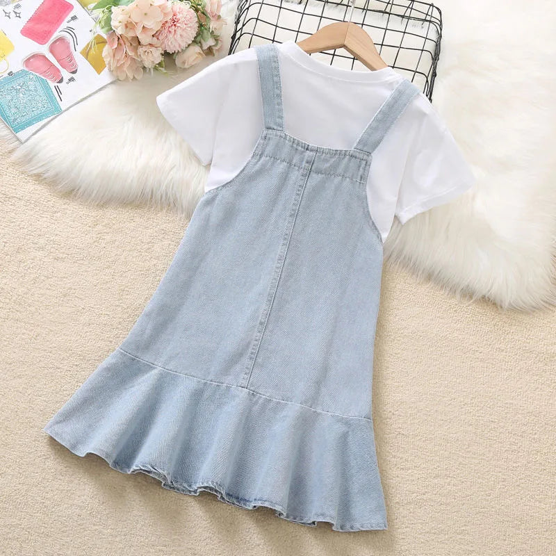 4-12 Years Girls Clothing Sets Summer Suspender Dress Little Princess Suit Fashion Straps Denim Overalls Send Bag Birthday Gift