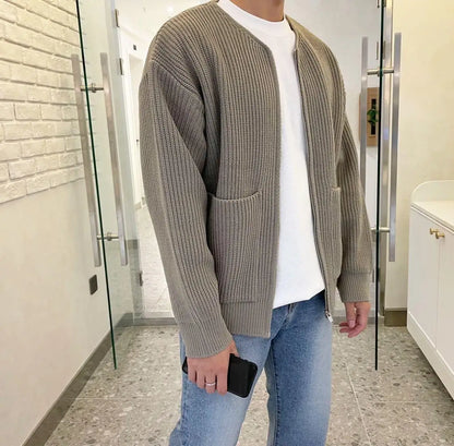 Men's Solid Color Slim-Fit Cardigan Zipper Sweater Autumn and Winter Sweater Coat Top Men Long Sleeve Stand Collar Sweater Coat