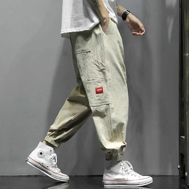 New Korean Fashion Men's Wide Leg Linen Loose Nine Point Cargo Pants Men Clothing Techwear Sweatpants Trousers Streetwear