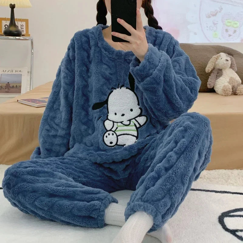 Kawaii Hello Kitty 2Pcs Plush Pajama Set Sanrioed Pochacco Cartoon Anime Winter Women Homewear Winter Thicken Girls Keep Warm