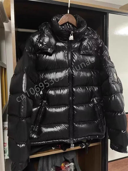 2025  New Winter Bright  Down Jacket  Men Fashion Casual Coat Shiny Hooded Youth Women Thick Warm Glossy Duck Zipper Male White