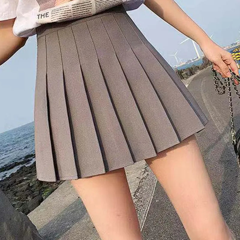 Women's Skirt Shorts High Waist A-line Student Pleated Skirts Solid Casual Clothes Dance Mini School Girls Skirts Kawaii Faldas Gray