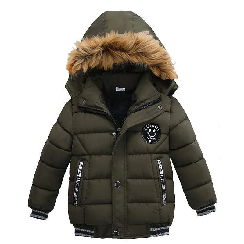 2 3 4 5 6 Years Boys Jacket Autumn Winter New Solid Color Thicken Hooded Zipper Fashion Fur Collar Kids Keep Warm Outerwear