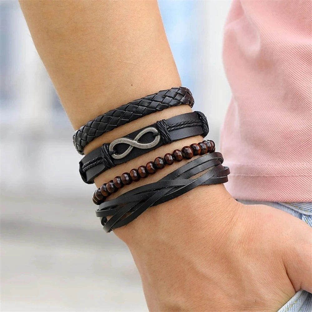 4Pcs/ Set Braided Wrap Leather Bracelets For Men Vintage Life Tree Rudder Charm Wood Beads Ethnic Tribal Wristbands