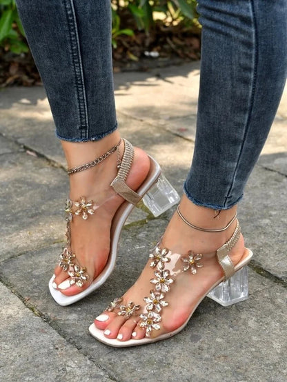 2022 Sandals Women Summer New Fashion Women's Bling Bling Flowers Rhinestone Transparent Root Open Toe Sandals Woman Shoes