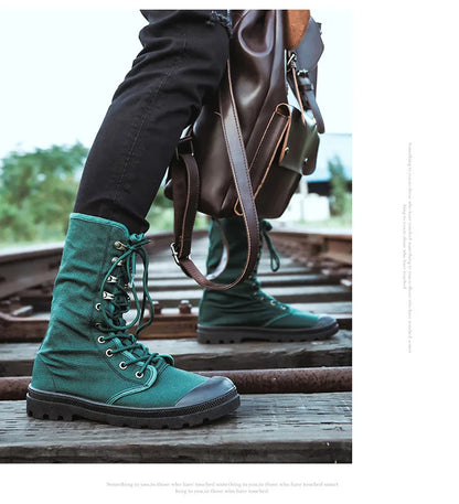 Mid-calf Men Canvas Boots Lace Up Tactical Men Shoes High top Sneakers Military Boots Work Shoes Jungle Mountaineering Shoes Men