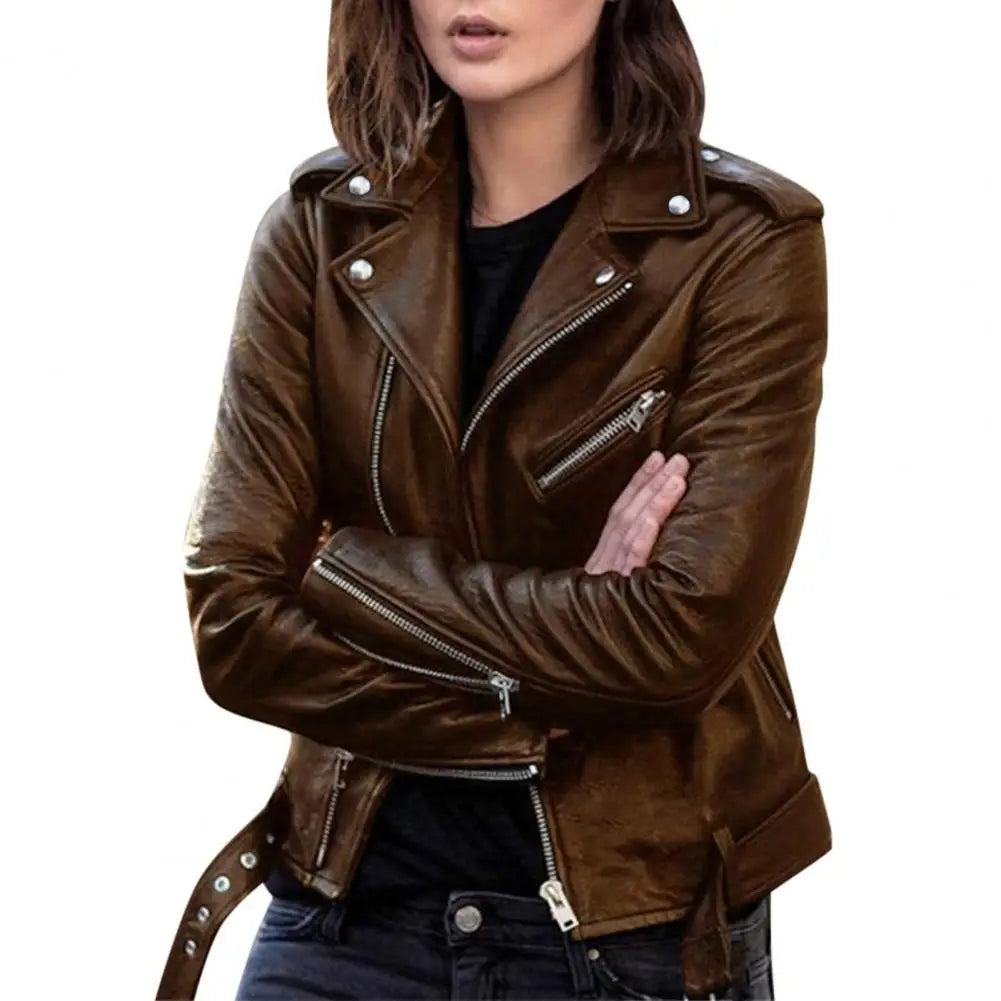 Autumn Short Jacket Solid Female Moto Biker Jackets Thin Ladies Cool Faux Leather Jacket Slim Short Leather Outwear Brown