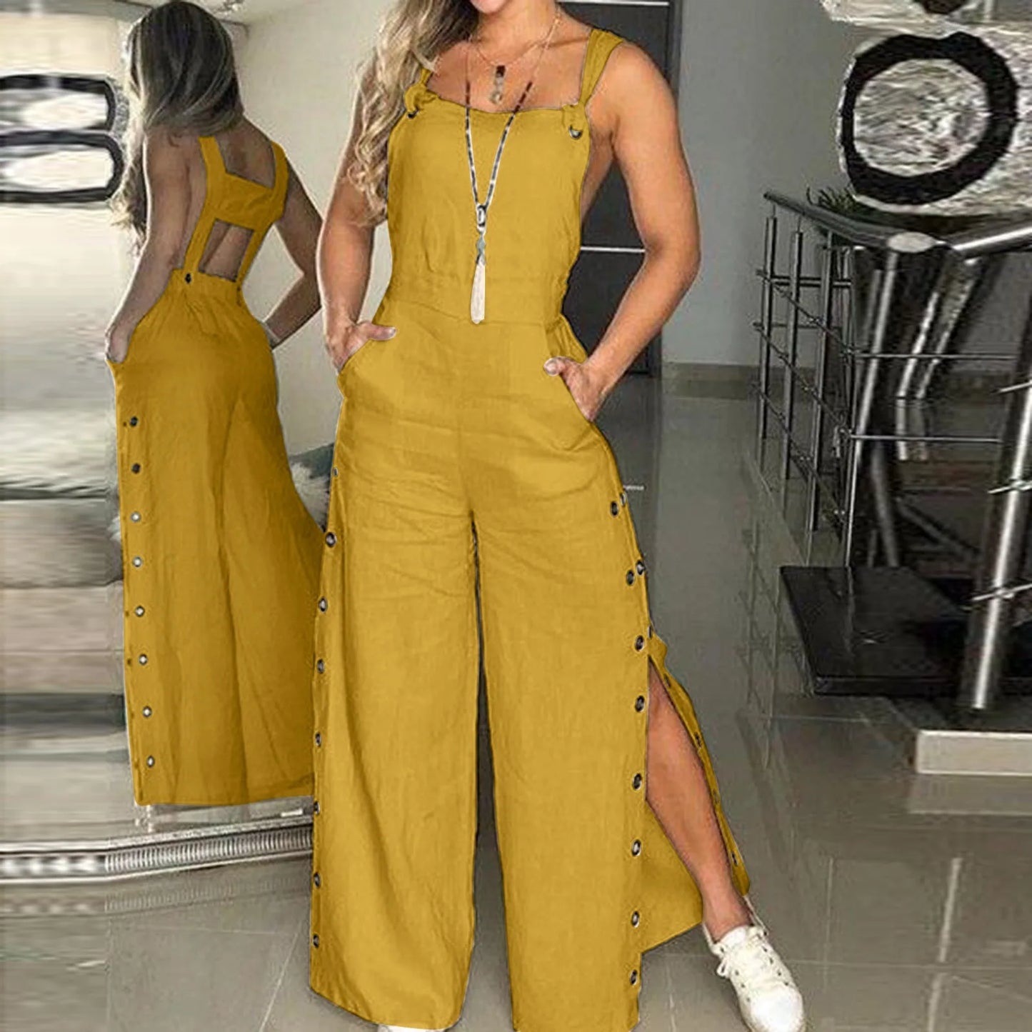 Button Overalls for Women Summer Jumpsuit Solid Casual Openings Button Wide Leg Suspender Pants Overalls with Pockets