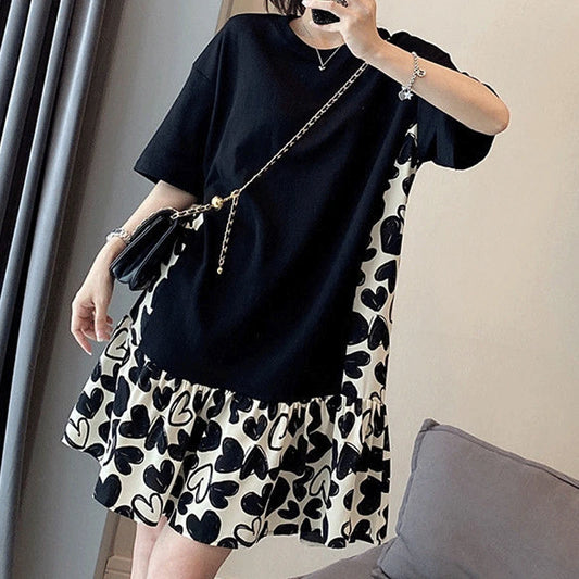 Solid Color Thin Summer Casual Loose Dresses Korean Simplicity O-neck Short Sleeve Fashion Pleated Patchwork Women's Clothing