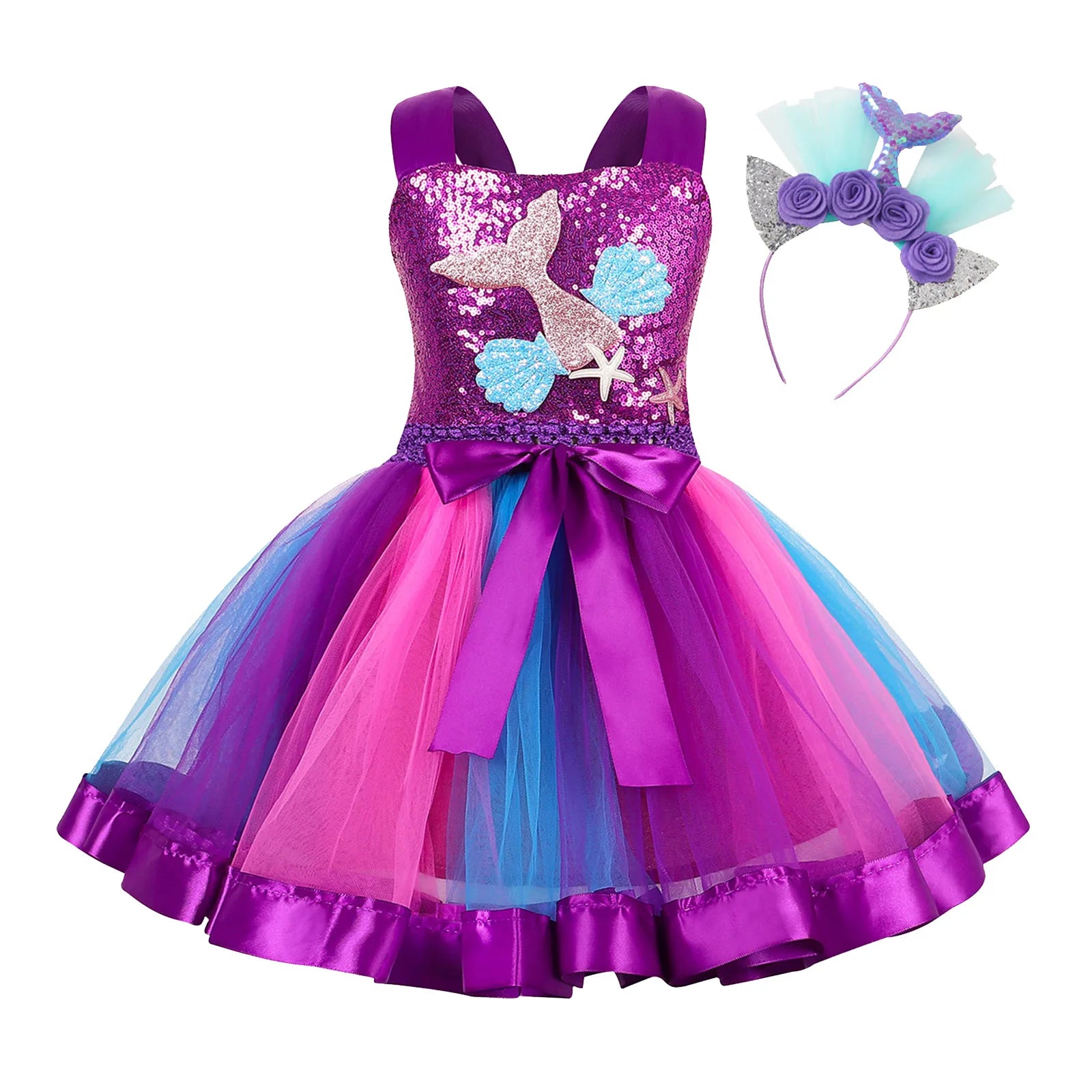 Kids Girls Cosplay Party Dress Princess Dress Up Mermaid Tulle Tutu Dresses Theme Birthday Party Costume with Flower Headband Purple D