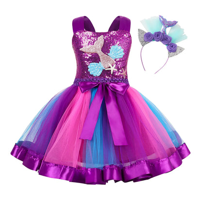 Kids Girls Cosplay Party Dress Princess Dress Up Mermaid Tulle Tutu Dresses Theme Birthday Party Costume with Flower Headband