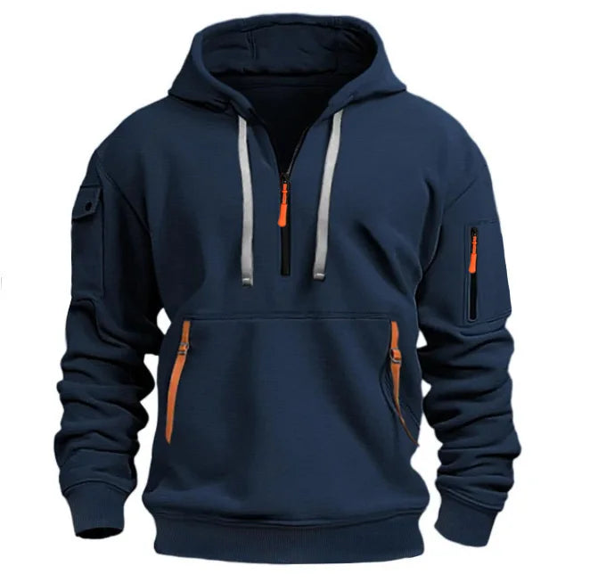 New Men's Leisure Sports Pullover Multi Zipper Arm Pocket Hoodie Set Autumn/Winter Fashion Hoodie Hoodie Men's Loose Coat 2024 SKY BLUE