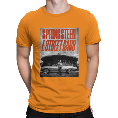 Poster T Shirt Men's 100% Cotton Novelty T-Shirts Crewneck Bruce The E Street Band Springsteen Tee Shirt Short Sleeve Tops Orange