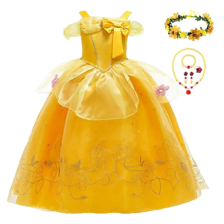 Girls Dress Belle Costume Kids Halloween Carvinal Fancy Cosplay Belle Clothes Children Wedding Party Flower Printing Dress 3-10Y