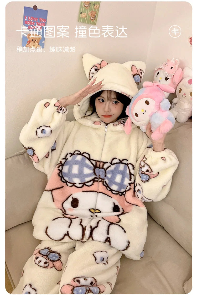 Sanrio Cartoon Hello Kitty Pajamas Female Flannel autumn Winter New Plus Thicken Velvet Sweet Keep Warm Pajamas set leisure wear