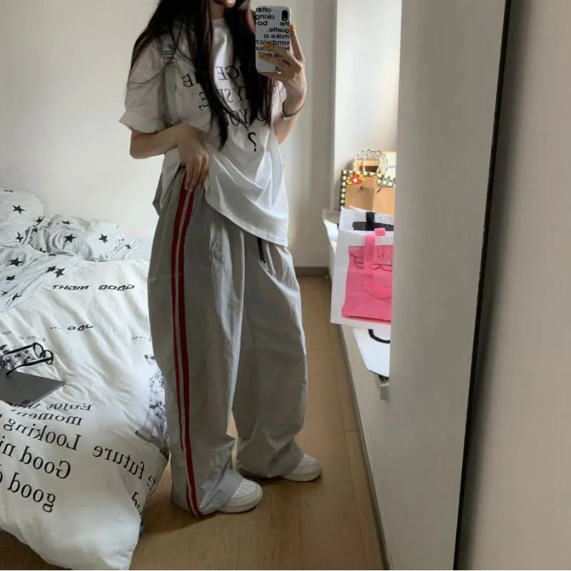 American New High Street Vintage Wide Leg Sporty Pans Women Solid Striped High Waist Pocket Drawstring Loose Straight Trousers Gray