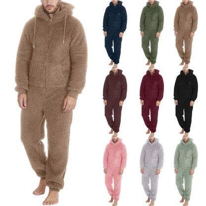 Winter Men Artificial Wool Jumpsuit Pajamas Fleece Warm Men Drawstring Bodysuit Sleepwear Solid Color Zipper Loose Hooded