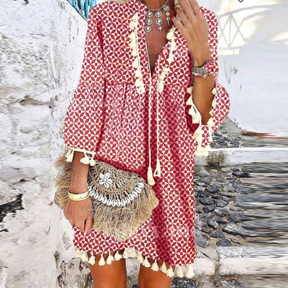 Women Vintage Print V Neck Tassel Mini Dress Casual Loose Three Quarter Sleeve Beach Dress 2024 Spring Summer Party Dress Femme 14