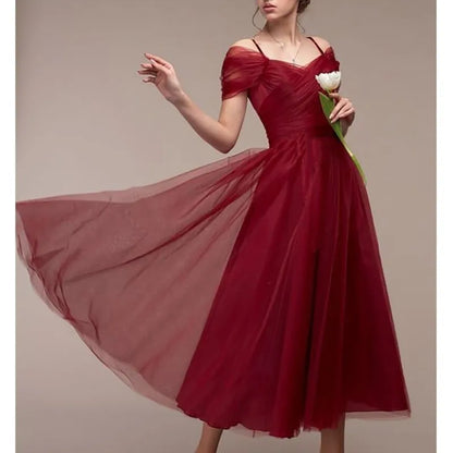 Women's Romantic Off Shoulder Ceremony Dresses Elegant Long Party Wedding Cocktail Bridesmaid Mesh Tulle Midi Wrap Gala Dress