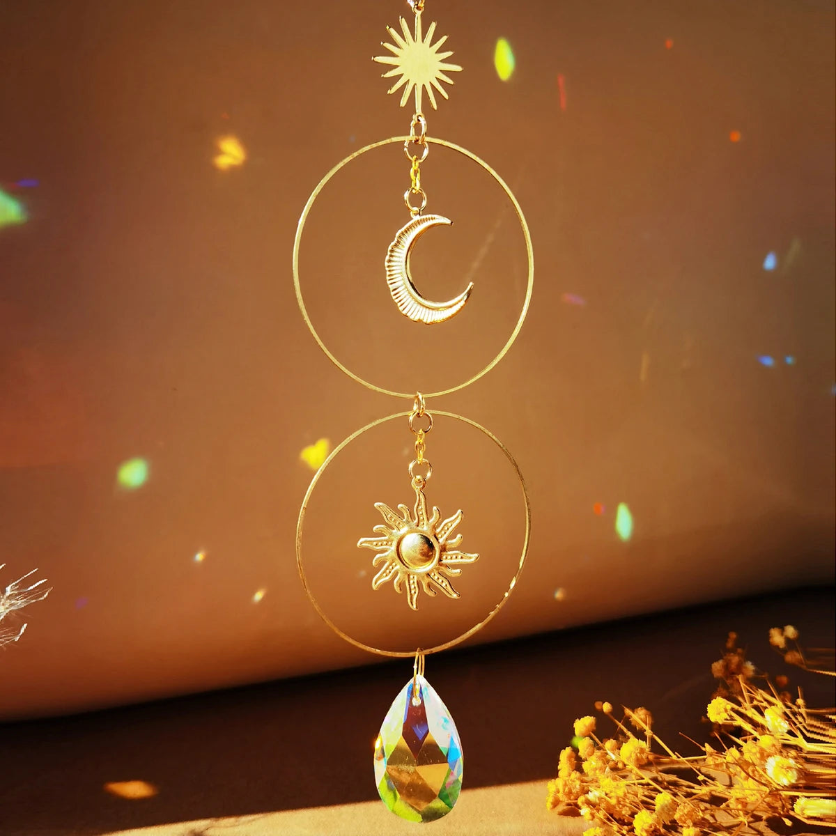 Crystal Wind Chimes Dream Catcher Stained Glass Sun Catcher Prism Rainbow Maker Window Garden Decoration Outdoor Christmas Gift gold M01059