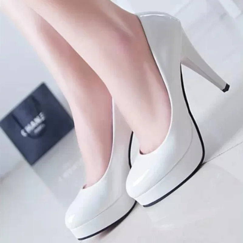 European and American High Heels 2024 Summer New Solid Color Patent Leather Round Toe Set Shallow Mouth Slim Heel Women's Shoes