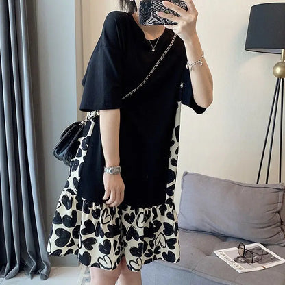 Solid Color Thin Summer Casual Loose Dresses Korean Simplicity O-neck Short Sleeve Fashion Pleated Patchwork Women's Clothing