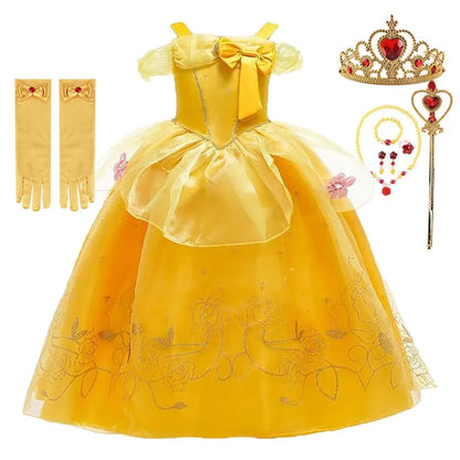 Girls Dress Belle Costume Kids Halloween Carvinal Fancy Cosplay Belle Clothes Children Wedding Party Flower Printing Dress 3-10Y