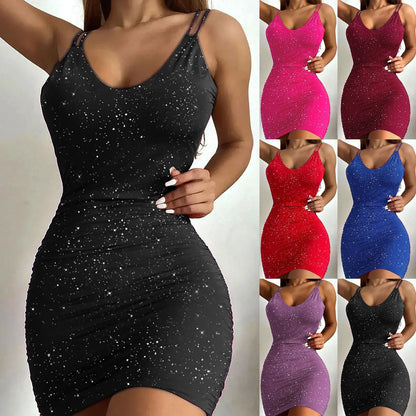 Elegant Women's Party Dresses 2024 Summer Fashion Gold Sprinkled V-Neck Tight Vest Dress Sexy Women's Evening Dress Midi Dresses