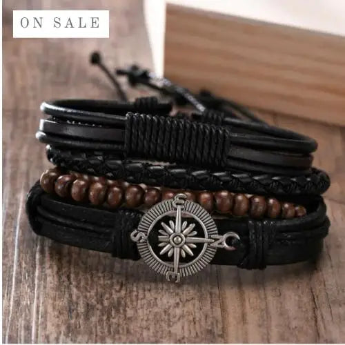 4Pcs/ Set Braided Wrap Leather Bracelets For Men Vintage Life Tree Rudder Charm Wood Beads Ethnic Tribal Wristbands 001